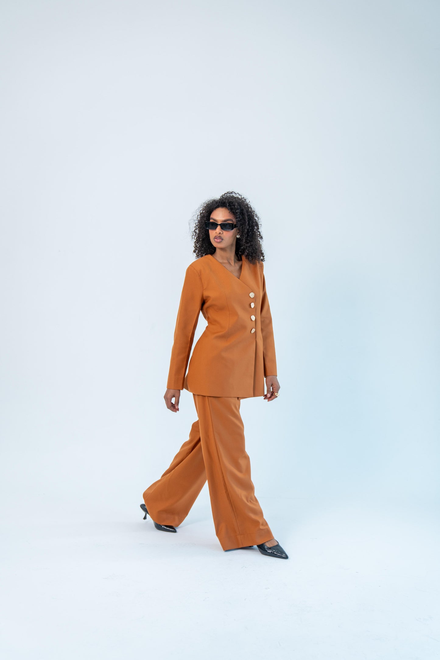 ASEEL — Side Button Blazer Set (Burnt Saffron)