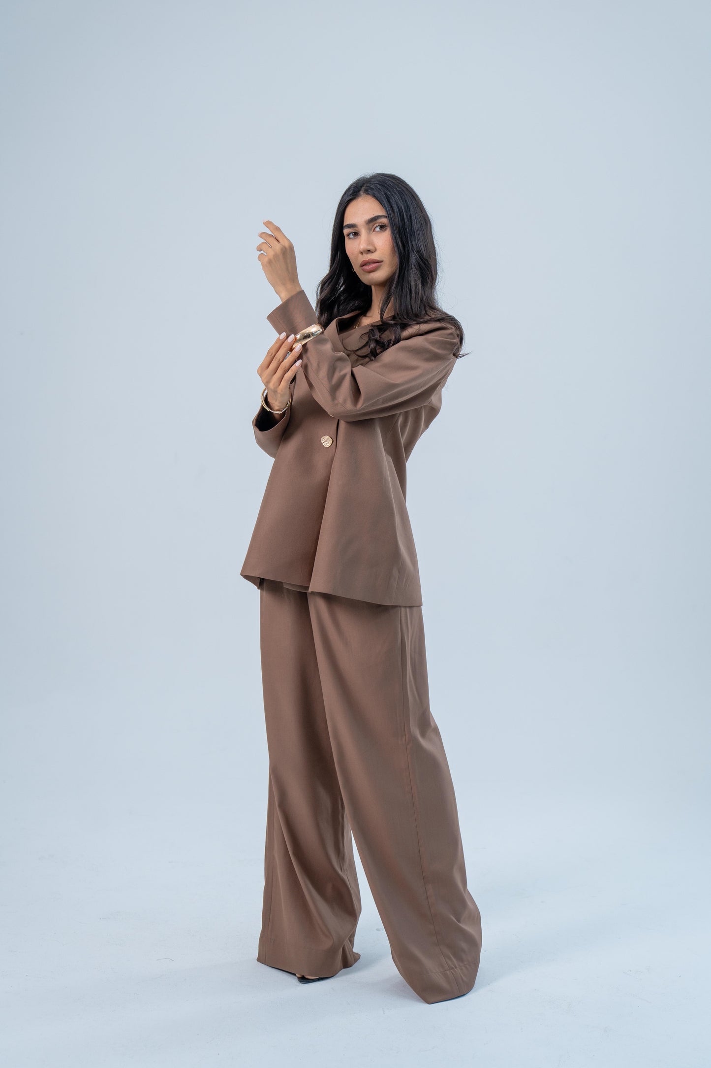 ASEEL — Side Button Blazer Set (Warm Taupe)