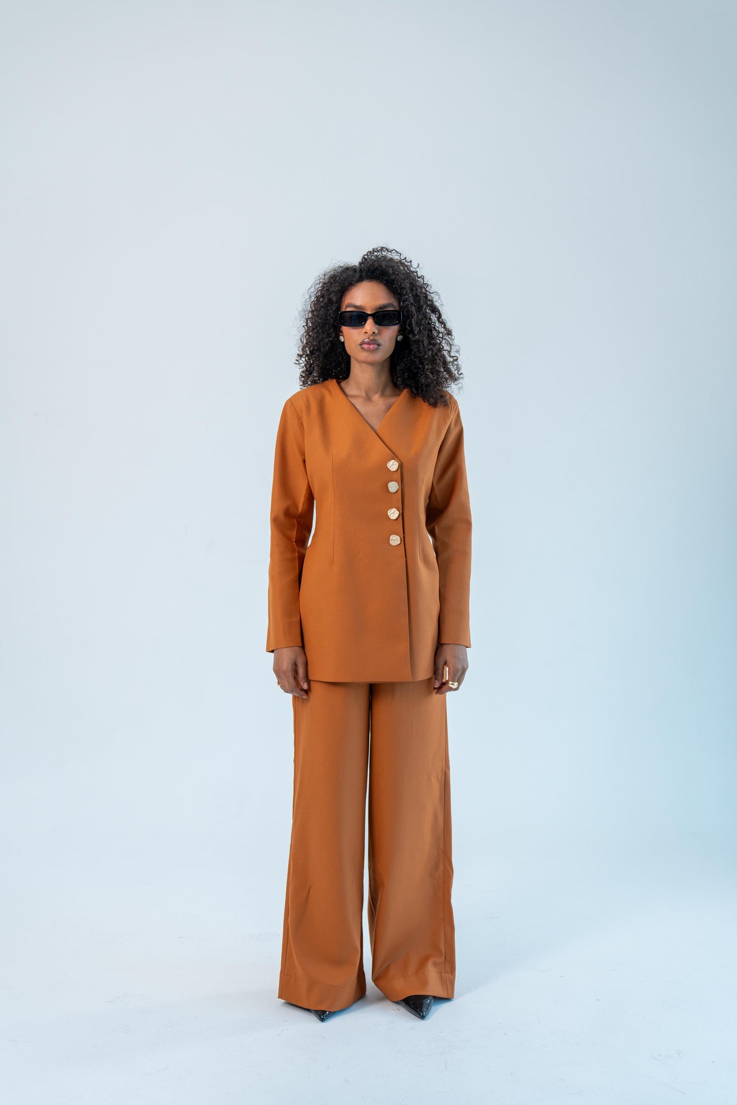 ASEEL — Side Button Blazer Set (Burnt Saffron)