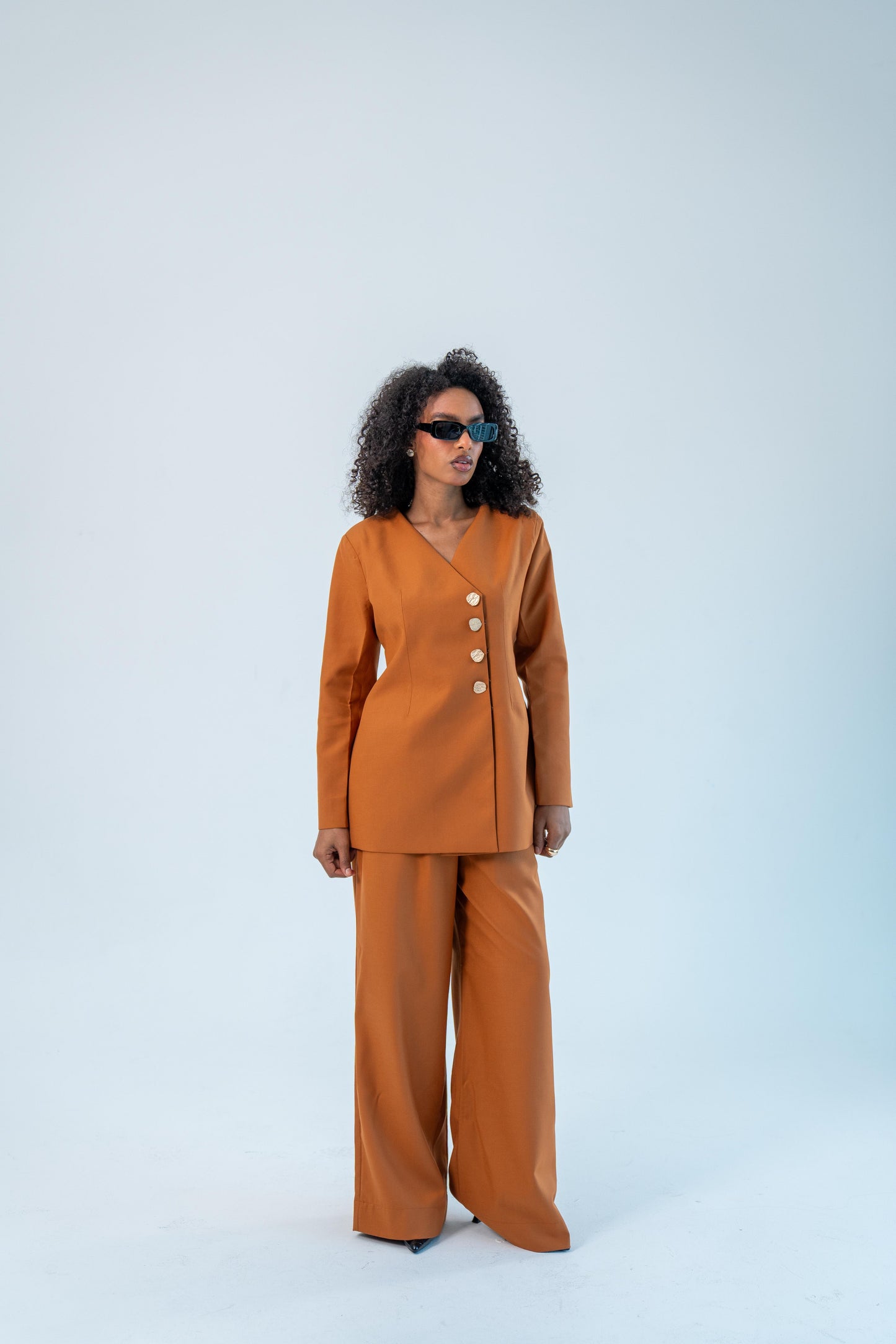 ASEEL — Side Button Blazer Set (Burnt Saffron)