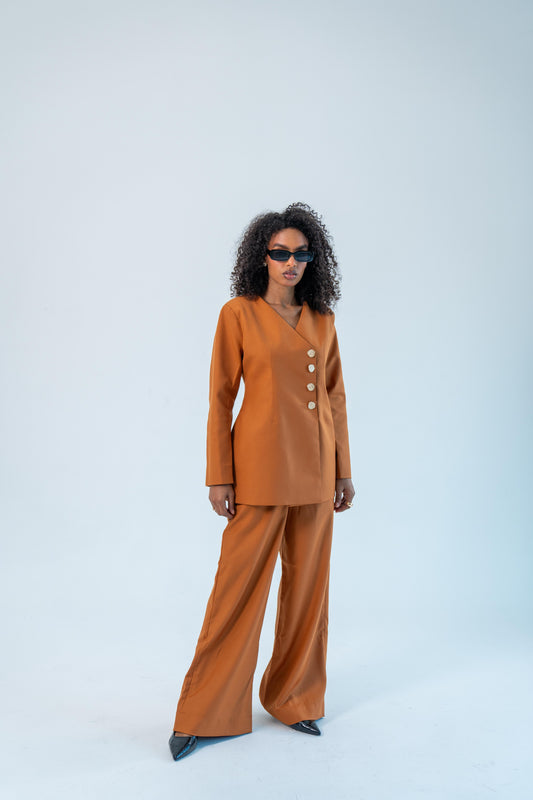 ASEEL — Side Button Blazer Set (Burnt Saffron)
