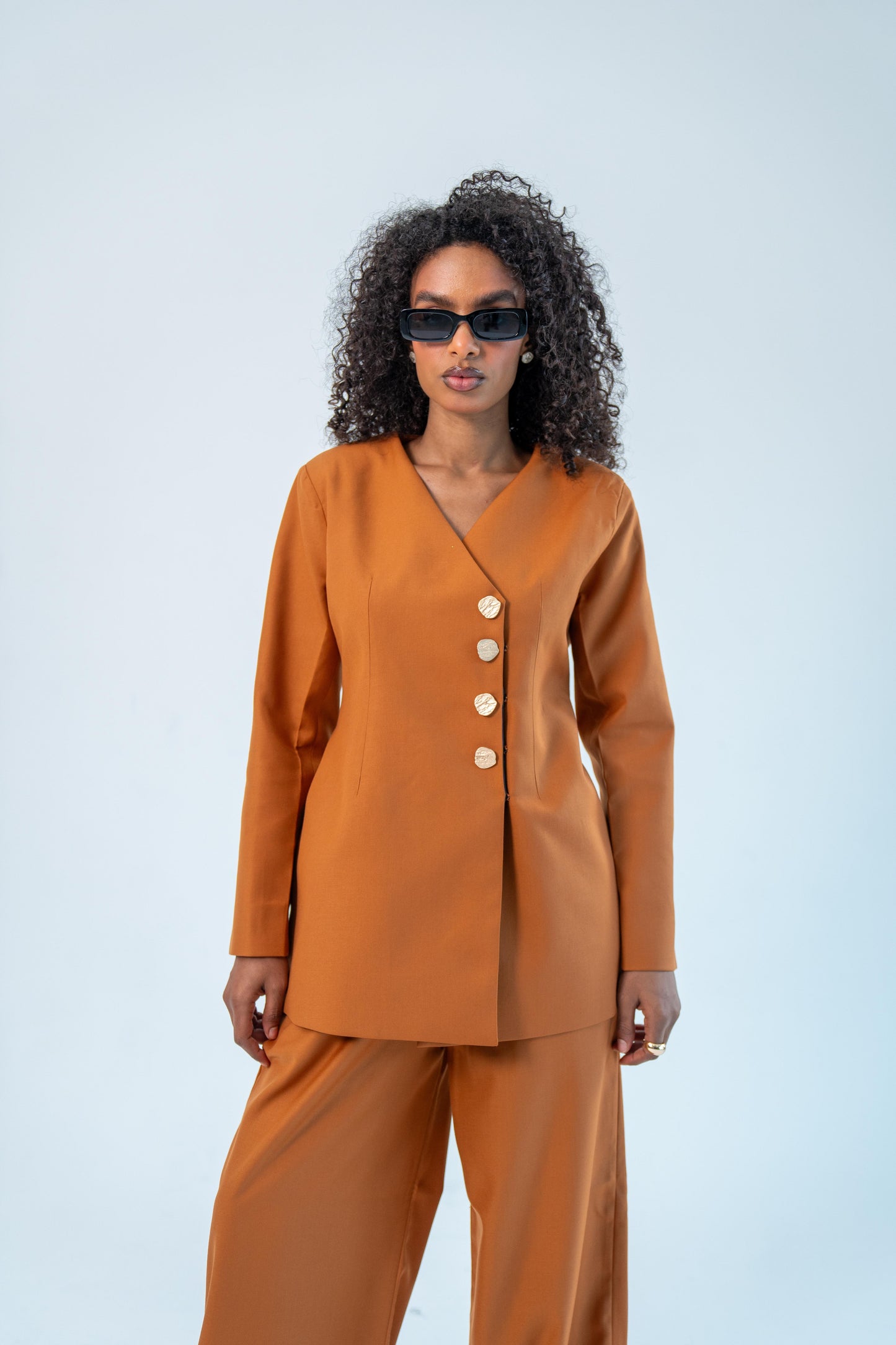ASEEL — Side Button Blazer Set (Burnt Saffron)