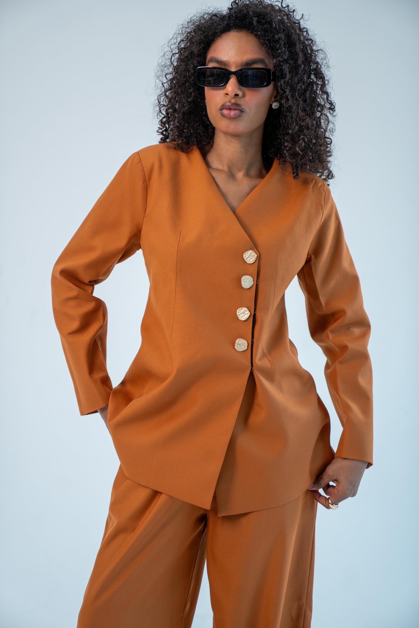 ASEEL — Side Button Blazer Set (Burnt Saffron)