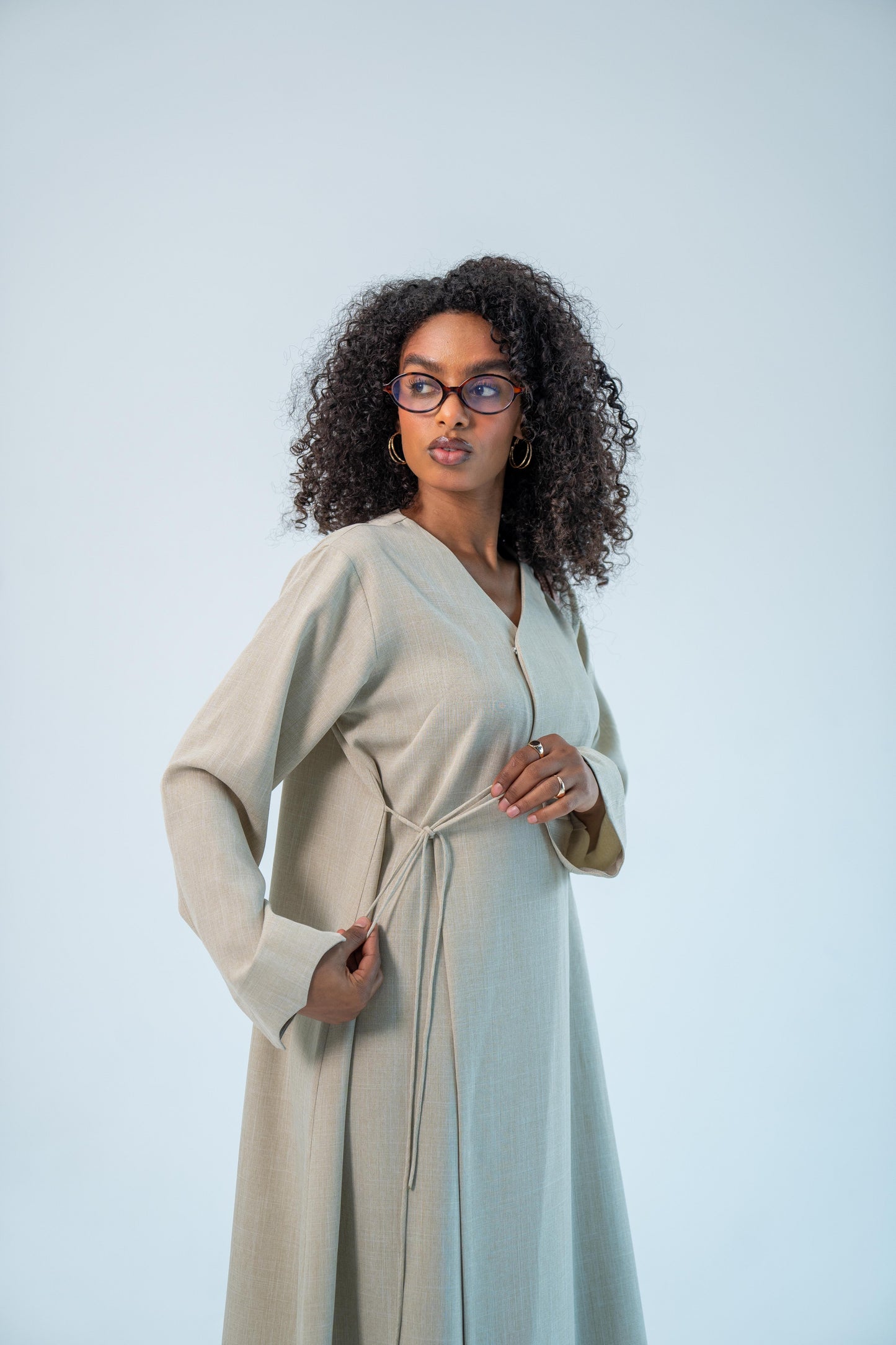 RAHMA — Bow-Tie Linen Abaya (Pearl Cream)